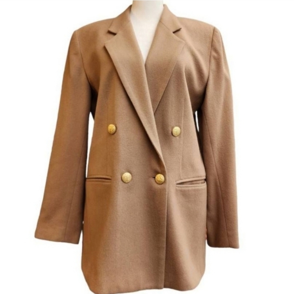 Stephanie Andrews Vintage Camel Wool Blazer Tan Oversized Neutral Jacket Office